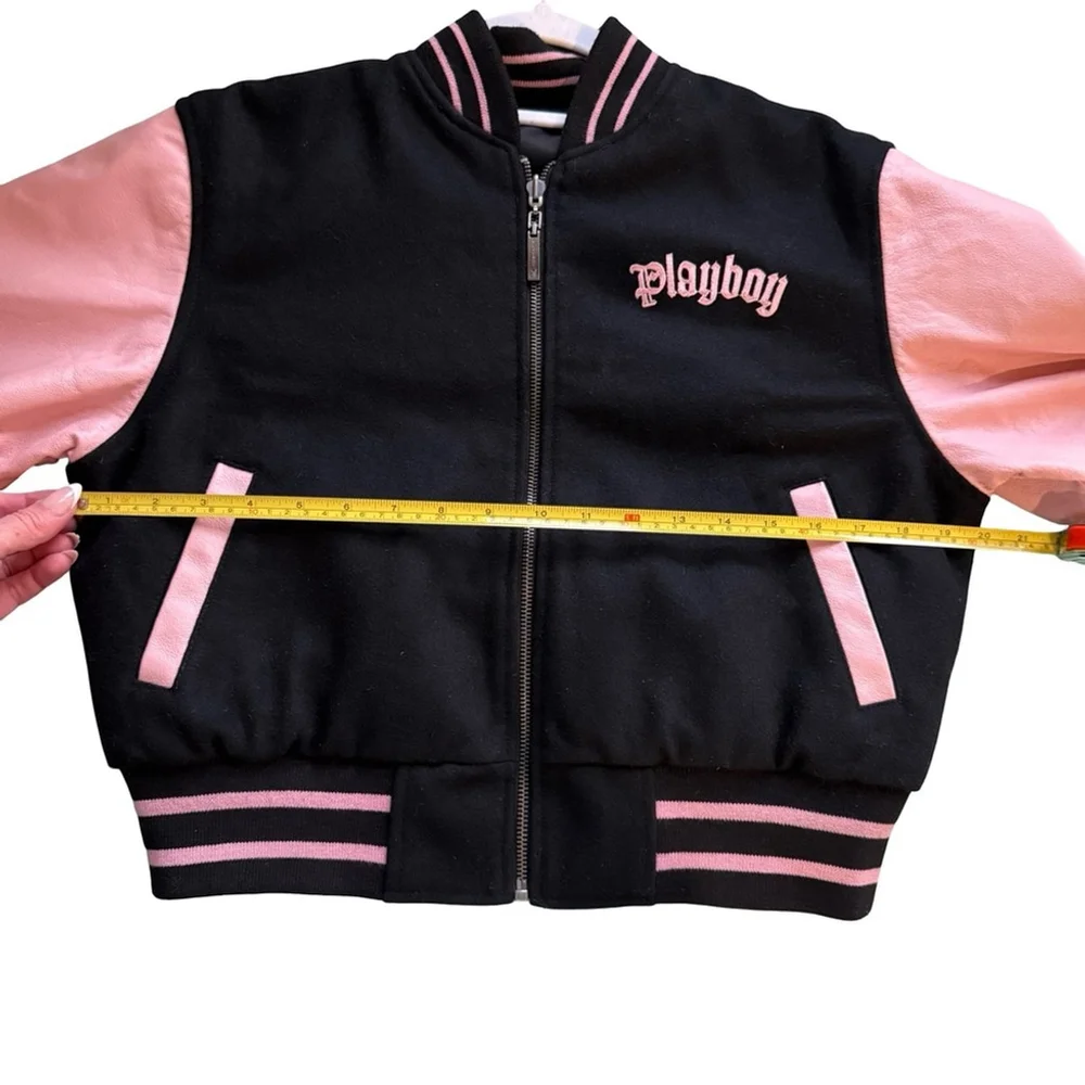 PLAYBOY Vintage Y2K Reversible Black and Pink Leather Letterman’s Jacket Size M - Picture 11 of 16